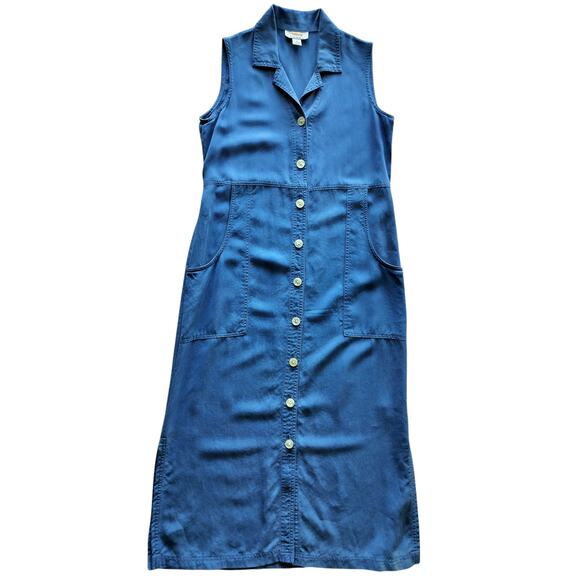 Vintage Talbots Women's Blue Button Down Sleeveless Shirt Midi Dress Size 6P - Picture 2 of 11